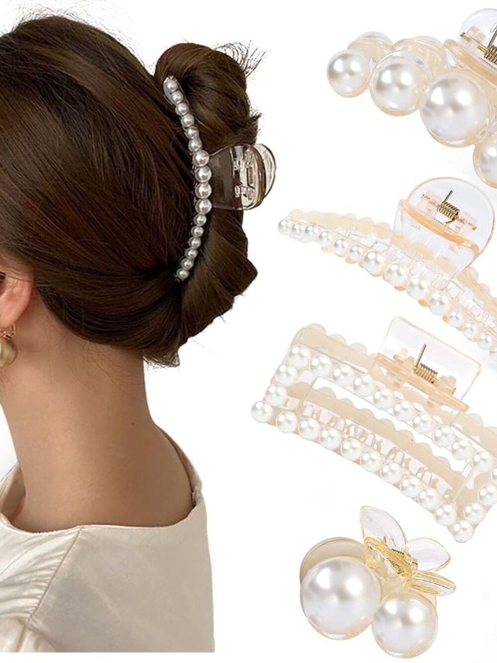 4 PCS Large Pearl Hair Claw Clips for Women Girls, Hair Barrette Clamps for Thic